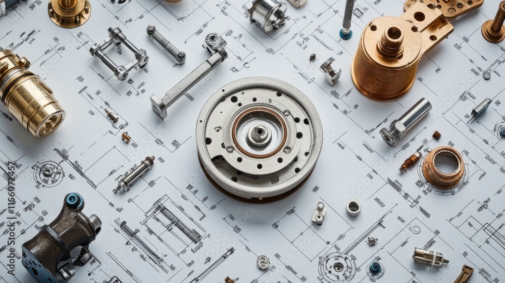 Poster mechanical components and technical drawings on workshop table