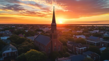 Fototapeta premium Sunset over city church steeple