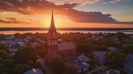 Fototapeta premium Sunset over town with church steeple