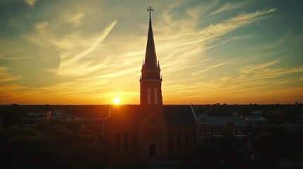 Church steeple at sunset glow