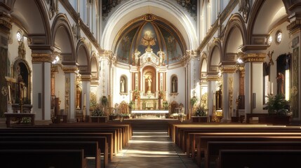 Naklejka premium Serene church interior, sunlight streams in