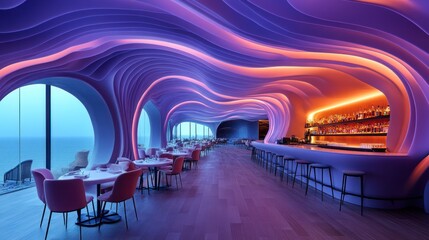 Modern restaurant interior with ocean view, wavy ceiling, and illuminated bar.