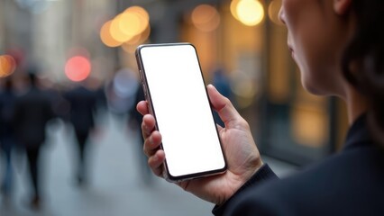A person holds a smartphone with a blank screen outdoors, with a blurred city background.
Concept of: Urban mobile use. Mobile screen mock up