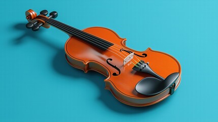 3D render of orange violin on blue background. musical instrument concept