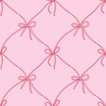 Seamless pattern with thin bow knots, gift ribbons in checkered composition. Trendy hair braiding accessory. Hand drawn vector illustration. Valentine s day coquette background.