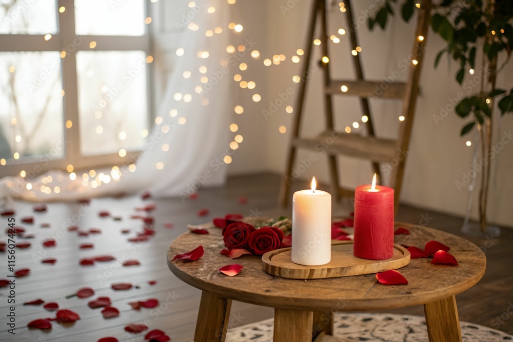 Aufkleber cozy indoor setting with a wooden table holding two candles, surrounded by scattered red rose petals