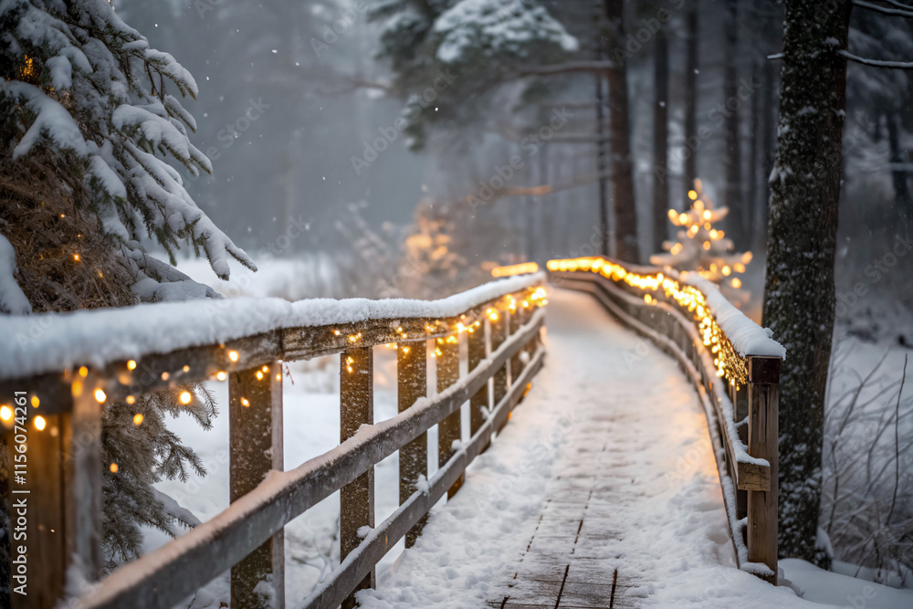 Aufkleber pathway covered in snow, with a wooden fence on the left and a wooden railing on the right. The railing is decorated with string lights, creating a festive atmosphere.