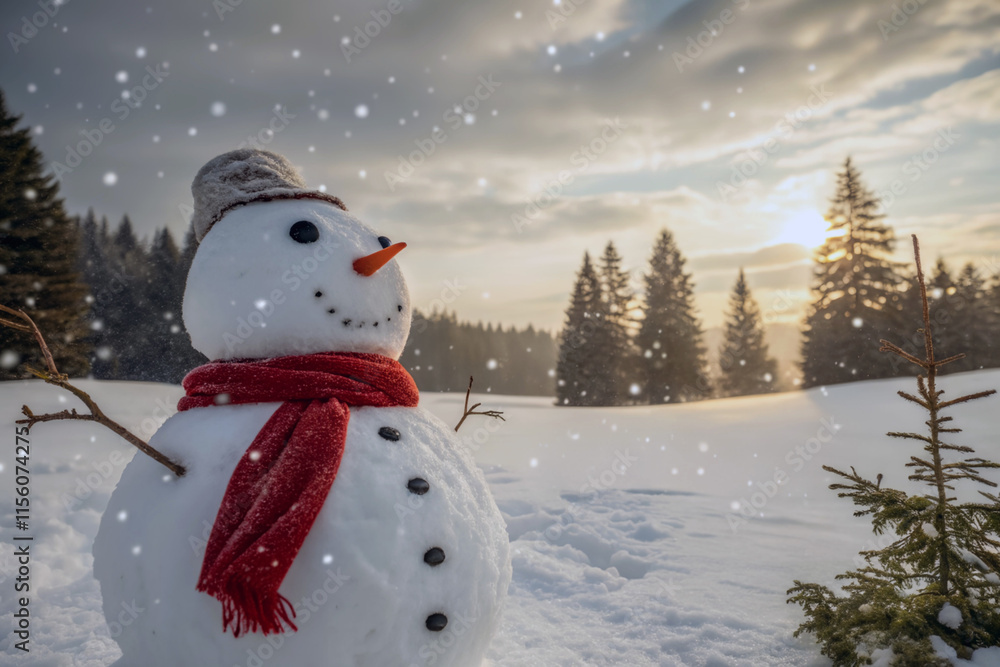 Aufkleber snowman standing in the snow with a red scarf wrapped around its neck. It is outdoors, with snow-covered trees in the background and snowflakes falling. The sky is partially cloudy with a gradient of 