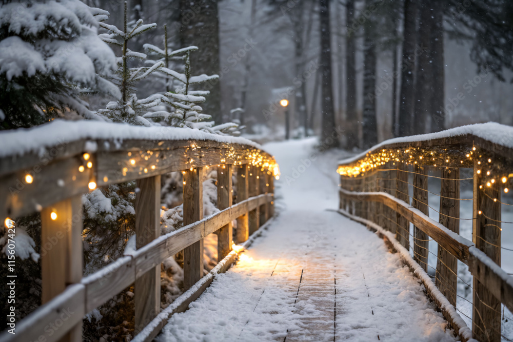 Poster snow-covered bridge with christmas lights draped along its sides, leading to a softly lit path in th