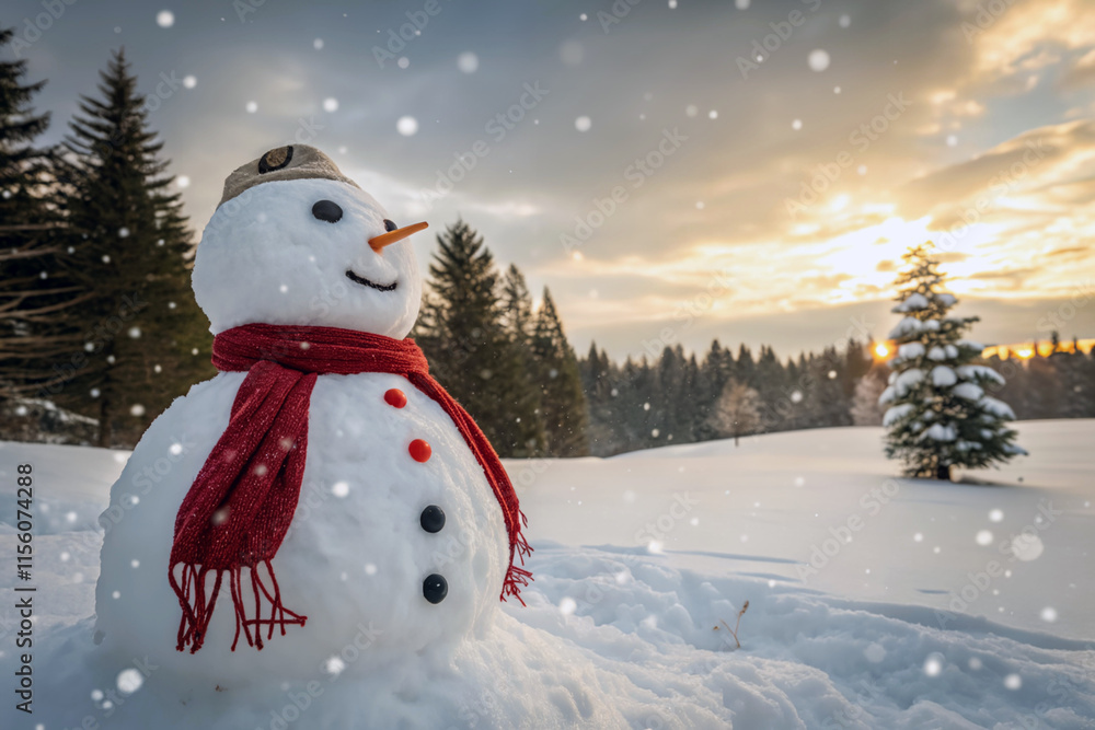 Aufkleber snowman standing in the snow with a red scarf wrapped around its neck. It is outdoors, with snow-covered trees in the background and snowflakes falling. The sky is partially cloudy with a gradient of 