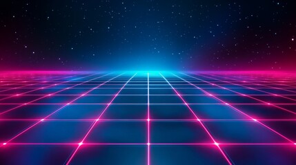 Retro futuristic neon grid with starry sky in vibrant blue and pink