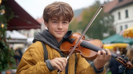 Young boy playing violin in vibrant outdoor market, showcasing talent and passion for music, surrounded by lively atmosphere of community and culture