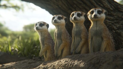 Fototapeta premium A group of four alert meerkats standing upright in a natural setting, showcasing their inquisitive nature and social behavior in a serene environment