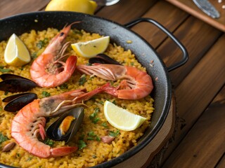 dish of paella with shrimp, mussels, and lemon wedges served in a black skillet with a wooden handle. The dish is placed on a wooden table.