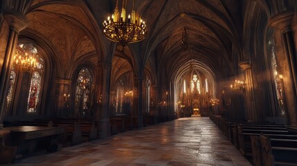 Obraz premium Grand cathedral interior, sunlight streams in