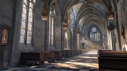 Fototapeta premium Sunlit aisle of a grand cathedral