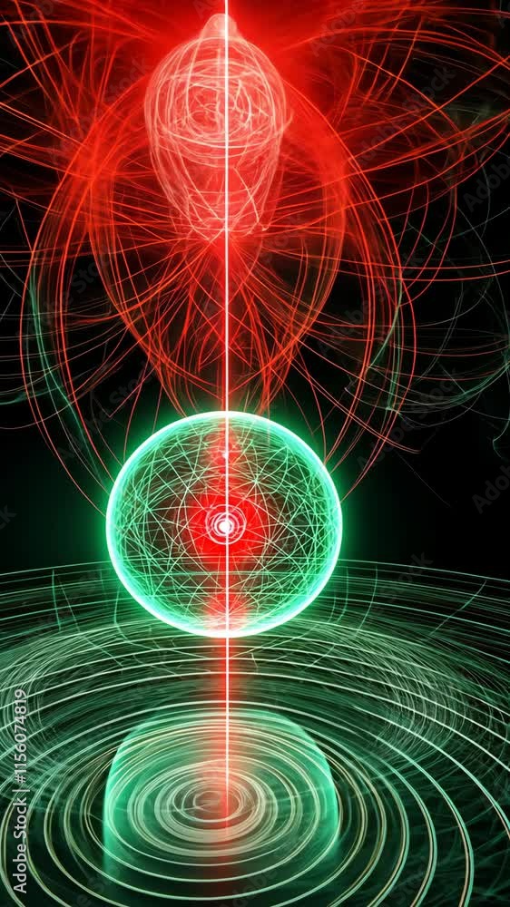 Poster exploring energy patterns through vibrational forms and luminous colors in a conceptual design