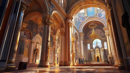 Grand church interior, sunlight streams in