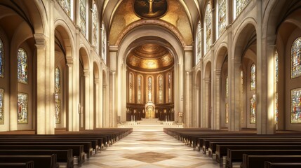 Fototapeta premium Grand cathedral interior, sunlight streams in
