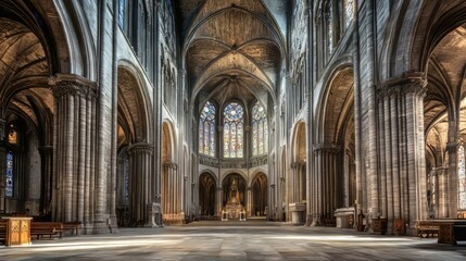 Fototapeta premium Grand cathedral interior, sunlight streams in