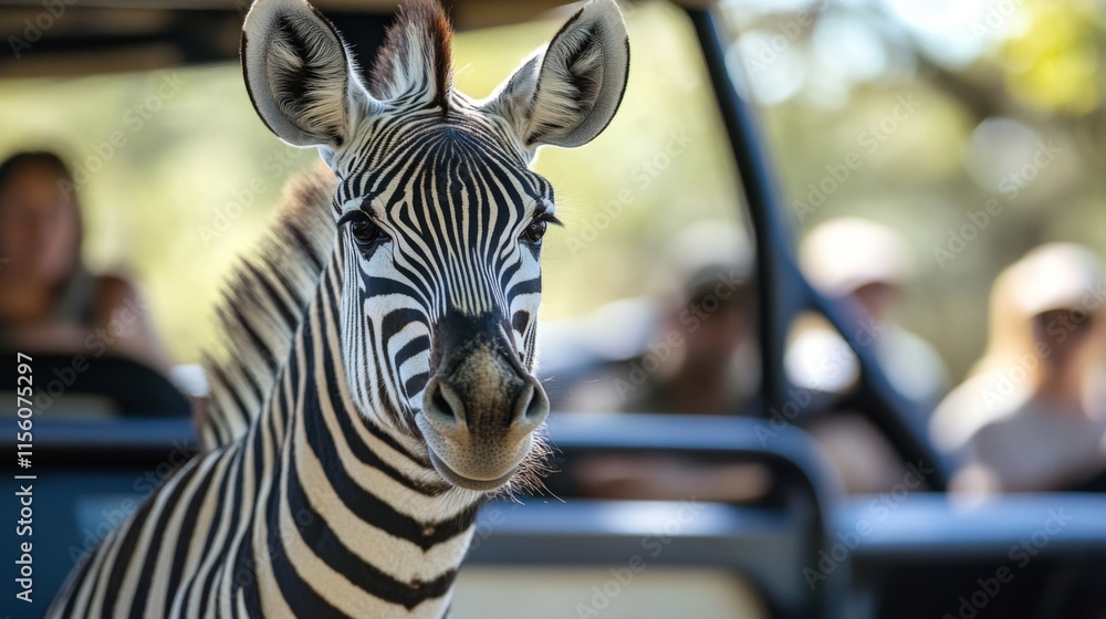 Poster close-up of a majestic zebra in a natural habitat setting with tourists in the background observing 