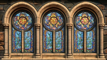 Obraz premium Triple stained-glass arched windows