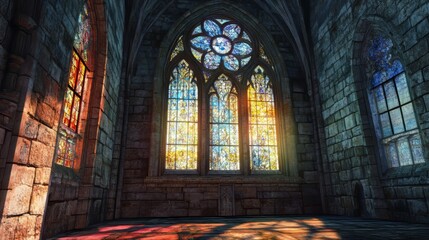 Obraz premium Sunlit stained glass in stone chapel