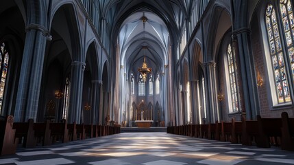 Fototapeta premium Grand cathedral interior, sunlight streams in.