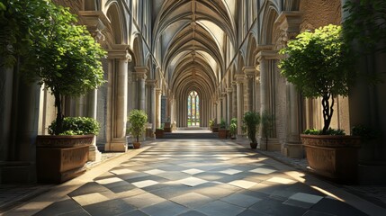 Fototapeta premium Sunlit cathedral cloister with plants