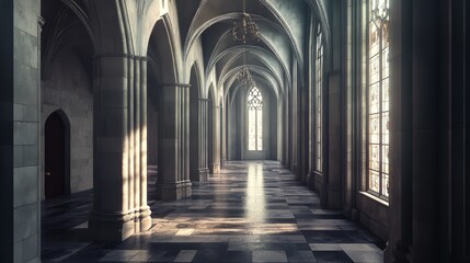 Fototapeta premium Sunlit stone hallway, grand architecture