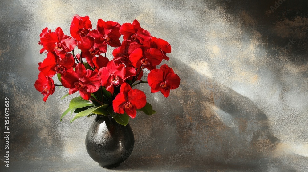 Poster Brilliant Red Orchids in a Black Vase with Soft Background Textures