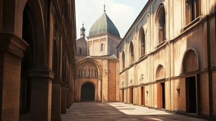 Obraz premium Ancient stone courtyard with cathedral