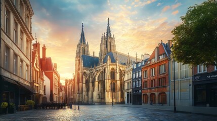 Naklejka premium Sunrise over Gothic church and street
