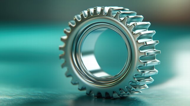 Metallic gear with reflective surface on a turquoise background. technology and industry concept. 3D render