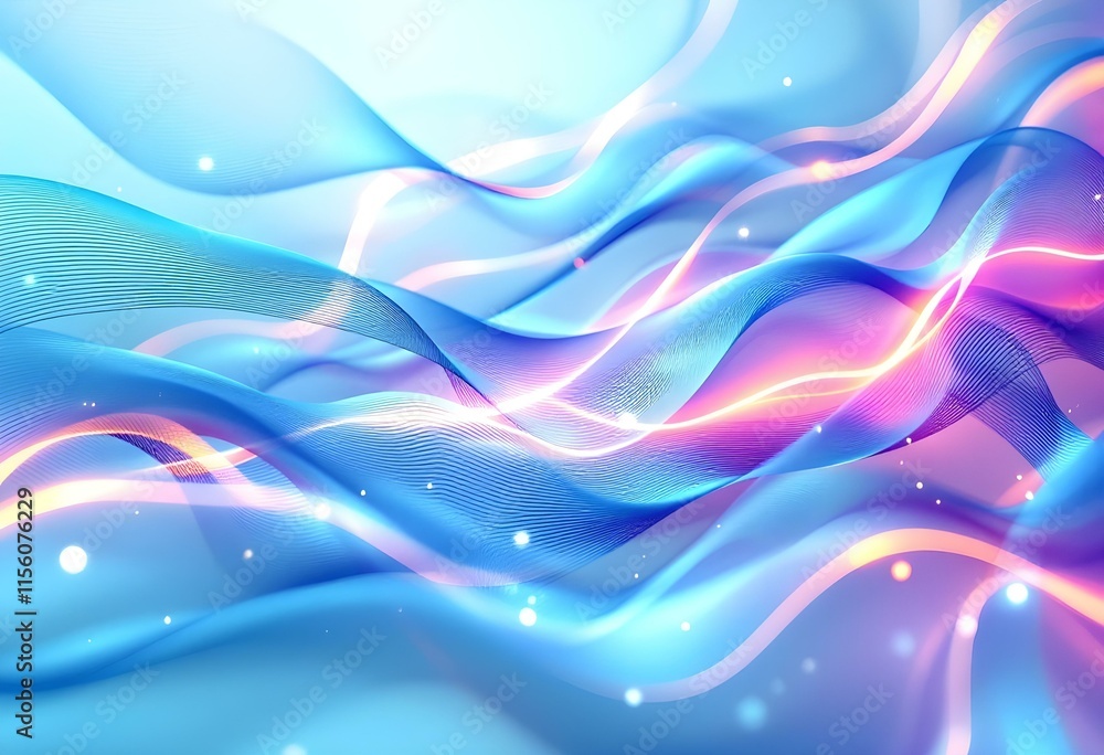 Poster flowing abstract waves in blue and pink colors with glowing light effects. smooth curved lines patte