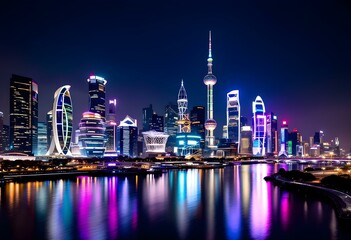 Obraz premium Modern Shanghai skyline at night with colorful neon lights reflecting in Huangpu river. Famous Pudong business district with Oriental Pearl Tower and skyscrapers. Urban cityscape of China