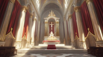 Fototapeta premium Sunlit Church Interior with Altar