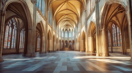 Fototapeta premium Grand cathedral interior, sunlight streams in