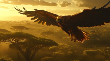Obraz premium Majestic Golden Eagle in Flight Over Lush African Savanna at Sunrise, Capturing Nature's Beauty and Power in a Serene Landscape