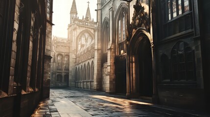 Ancient city street bathed in sunlight