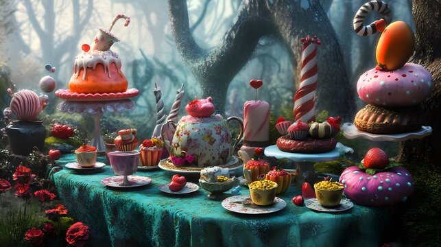Enchanting whimsical tea party scene in a dark forest with fantastical cakes, sweets, and tea set.