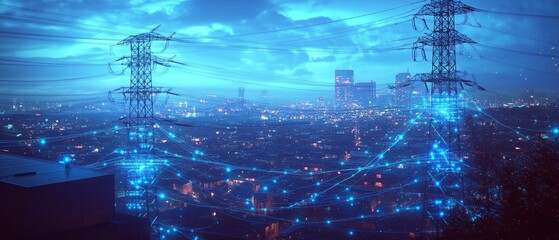 Futuristic city skyline at night with power lines and glowing network connections.