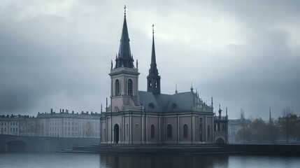Church by the water on a misty day