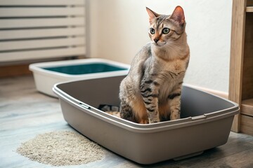 A light-colored tabby cat sits in a grey litter box, gazing sideways. The modern interior background with scattered litter emphasizes the pet care theme.