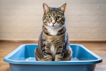 A tabby cat with green eyes sits in a clean blue litter box. The cat looks directly at the camera, displaying an alert and calm demeanor. Neutral background enhances focus on the cat.