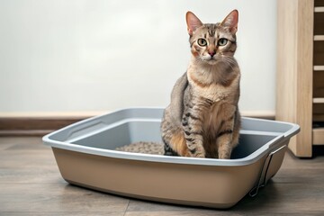  a tabby cat in a litter box, staring directly at the camera. Neutral home background suggests a clean and organized pet care environment.