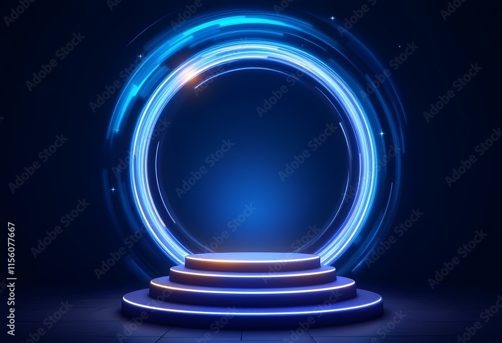 Aufkleber futuristic blue neon portal with glowing circular frame and illuminated steps. modern digital stage 