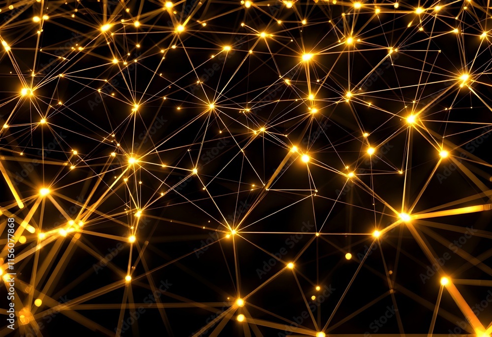 Poster golden neural network visualization on black background. abstract technology digital connections pat