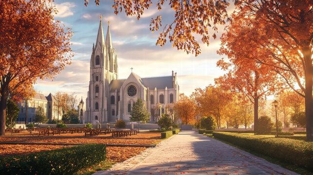 Autumnal church scene, fall colors