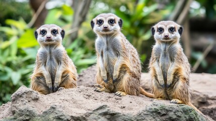 Fototapeta premium Playful Meerkats Group Standing on a Rock in a Lush Green Environment, Captivating Wildlife Moment in Nature, Animal Family Dynamics, and Cheerful Expressions